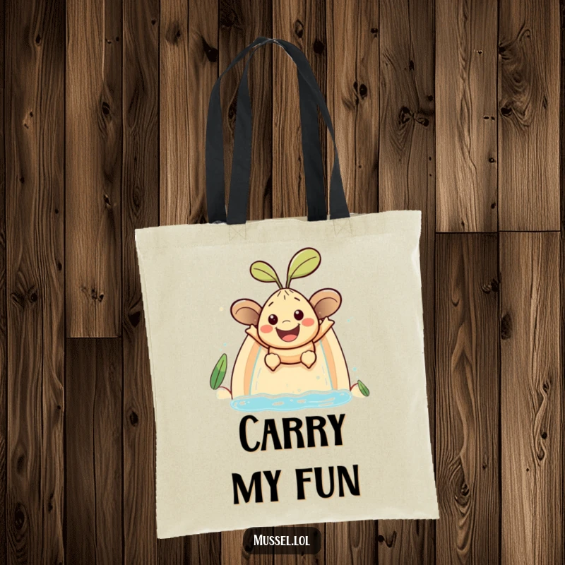Funny mussel character with a large smile sliding down a water slide, a durable and humorous tote bag.