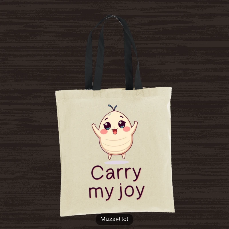 Funny plump mussel character with wide eyes jumping with pure excitement, a durable and humorous tote bag.
