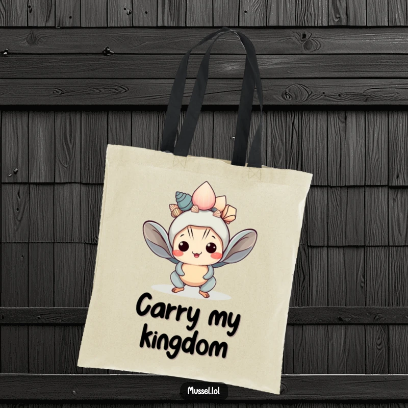 Funny Kawaii Mussel Tote Bag: A cute mussel character wears a shell crown, making this a humorous and functional tote.