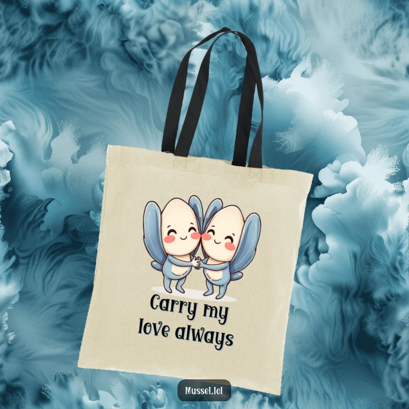 Funny mussel tote bag showcasing a pair of sweet mussels holding hands and smiling, perfect for shopping.