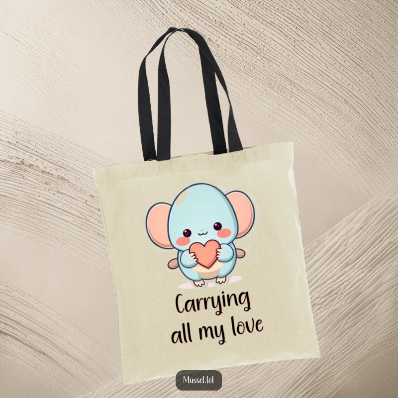 Funny Mussel Tote Bag: A shy mussel offering a heart, making this tote bag a sweet and humorous accessory for carrying love.