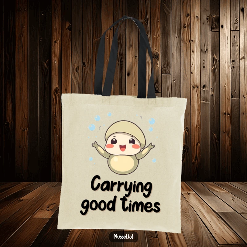 Funny tote bag depicting a happy mussel character with tiny bubbles rising around it, a cheerful and practical accessory.