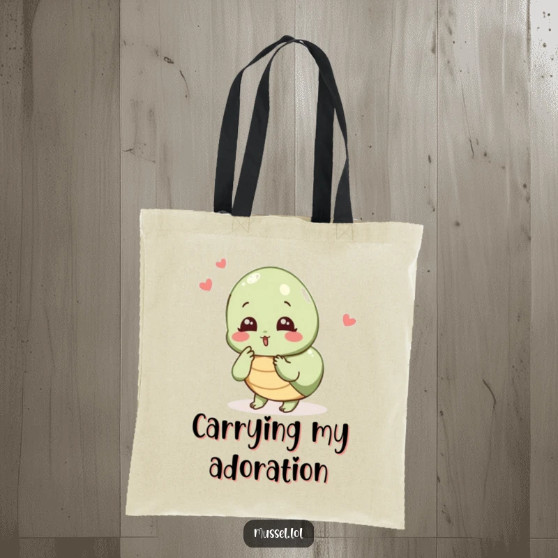 Funny Mussel Kiss Tote Bag: A mussel character blowing a kiss, perfect for carrying items with humorous affection.