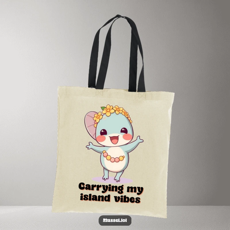 Funny Mussel Lei Dancer Tote Bag featuring a joyful mussel character in a flower lei, dancing enthusiastically, ready for errands.