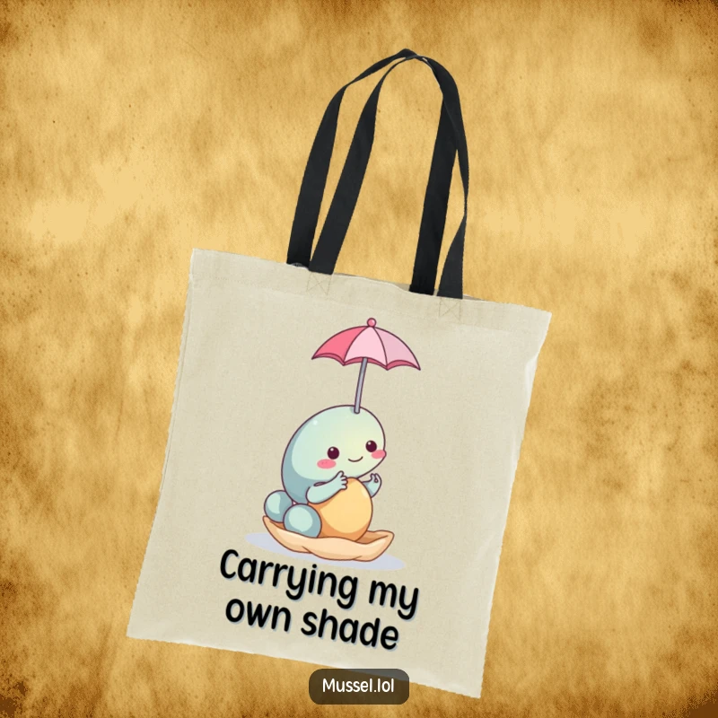 Funny Mussel Umbrella Tote Bag: A durable tote showcasing a funny mussel character balancing a tiny umbrella, ready for any adventure.