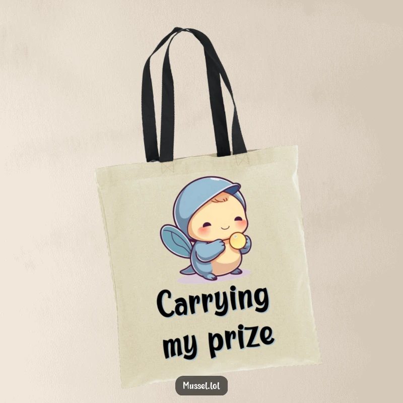 Funny tote bag with a mussel character holding a small, shiny pearl, perfect for carrying items with elegant, treasured flair.