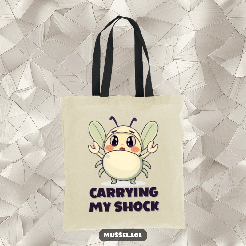 Funny tote bag featuring a wide-eyed, surprised mussel character and a tiny waving crab, a whimsical and functional accessory.