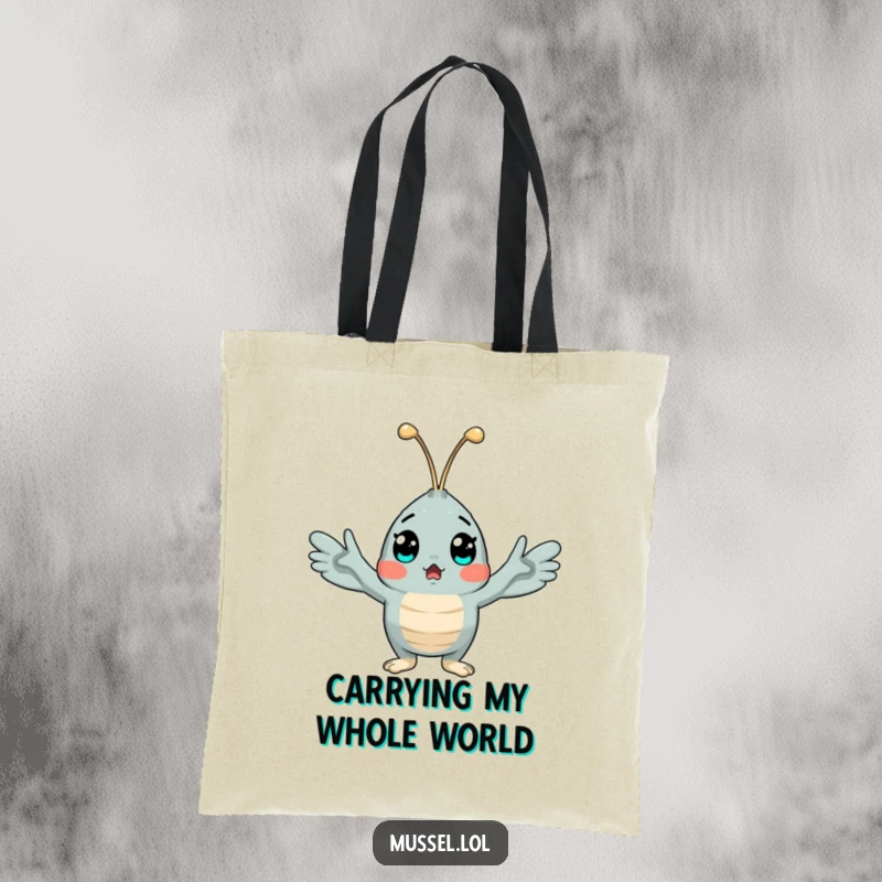 Funny tote bag featuring a surprised mussel character, arms flung open in shock, ideal for shopping or daily use.