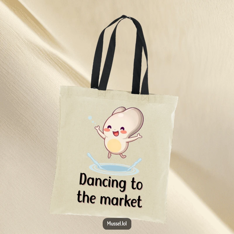 Funny mussel tote bag with a character joyfully dancing with little legs and a tiny splash, ideal for carrying fun.