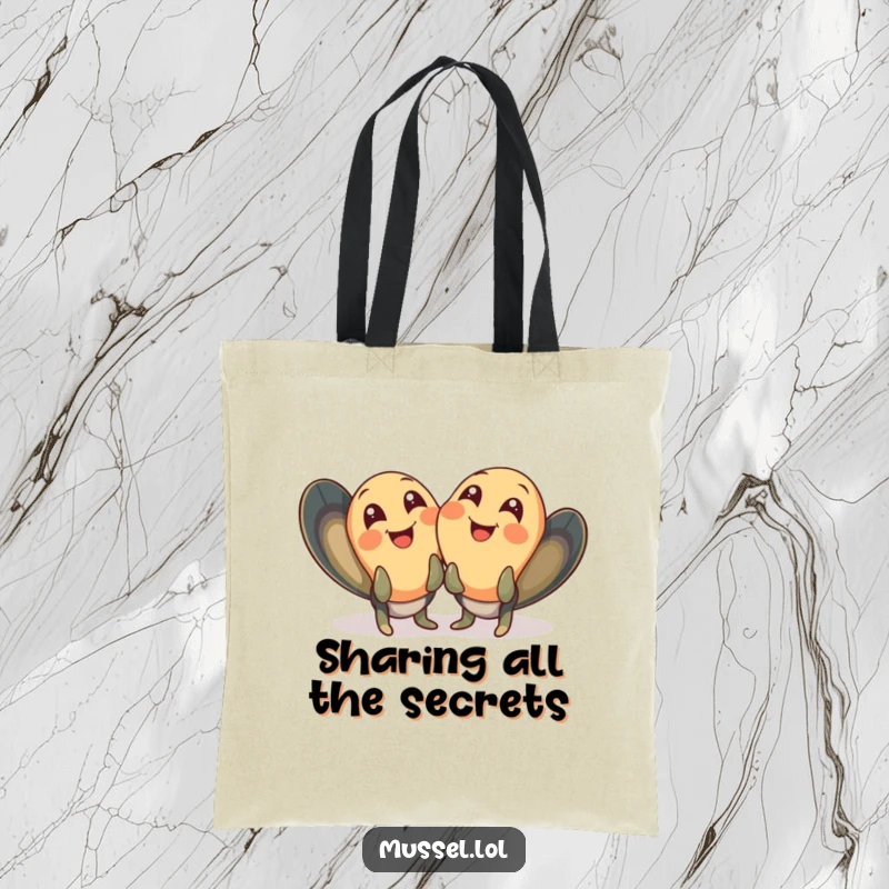 Funny mussel tote bag featuring two mussels giggling with wide, joyful eyes, ideal for humorous everyday use.