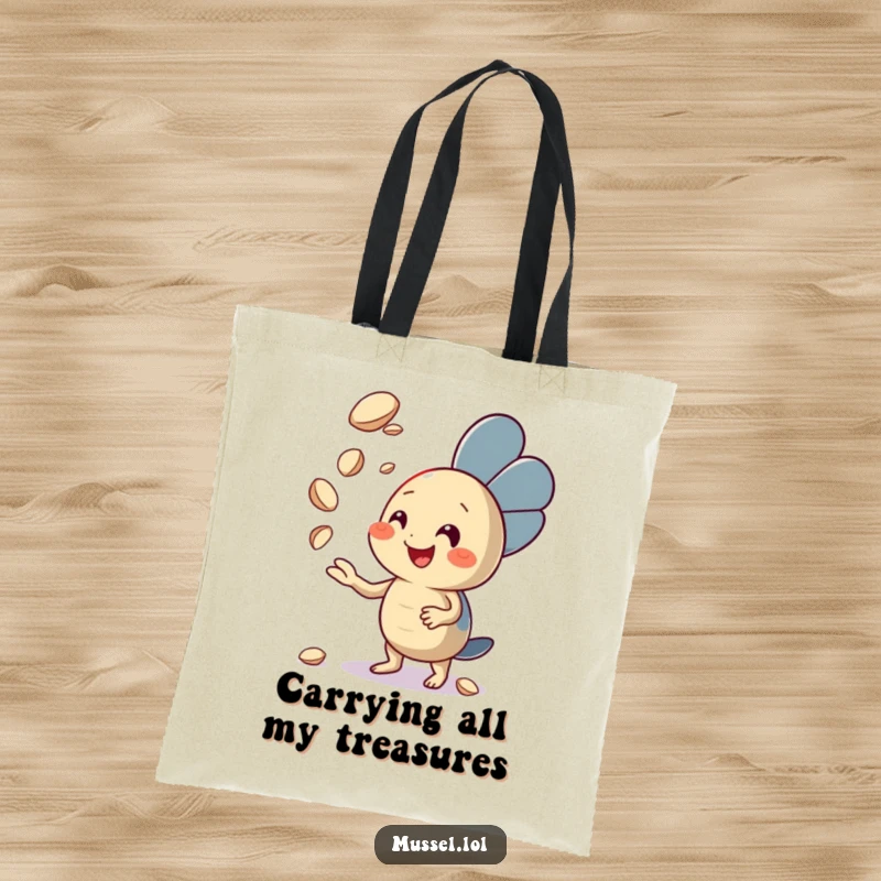 Funny Mussel Tote Bag depicting an enthusiastic mussel character juggling tiny seashells, ideal for carrying items with a flair for fun, a great funny gift.