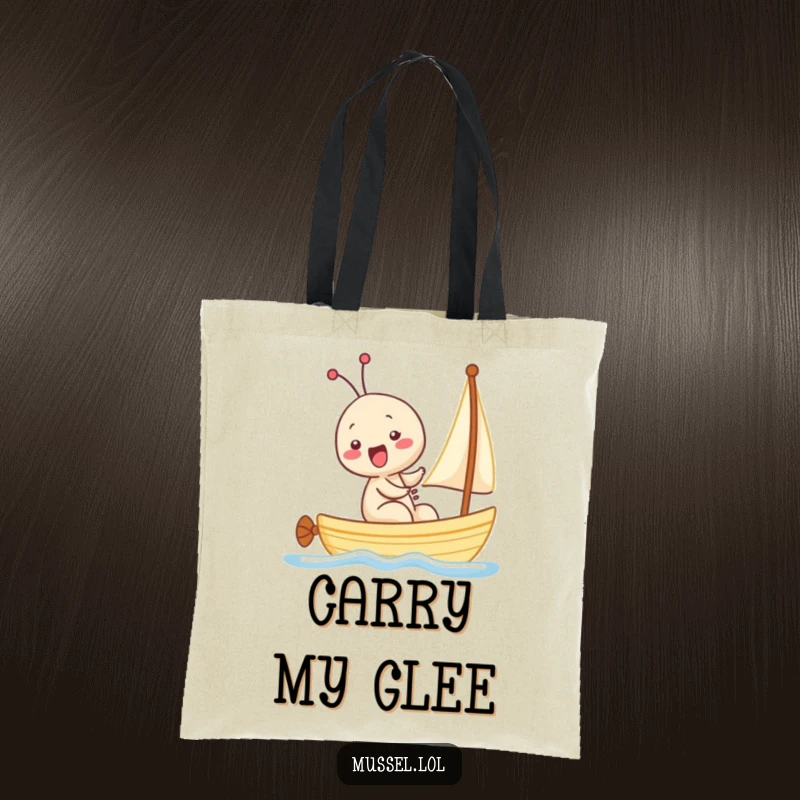 Funny Kawaii Mussel Tote Bag: Features a smiling mussel voyaging on a tiny sailboat, perfect for carrying funny vibes and necessities.