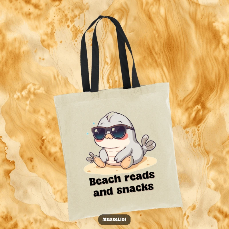 Funny Mussel Tote Bag: A mussel with sunglasses relaxing on the beach, perfect for carrying towels, sunscreen, and beach reads.