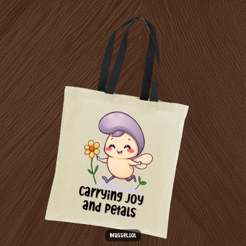 Funny Mussel Flower Tote Bag: A mussel character with comically tiny legs runs joyfully holding a flower, a charming accessory.