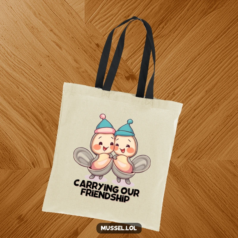 Funny mussels wearing jaunty caps, bumping shells playfully, featured on a durable tote bag, celebrating friendship.