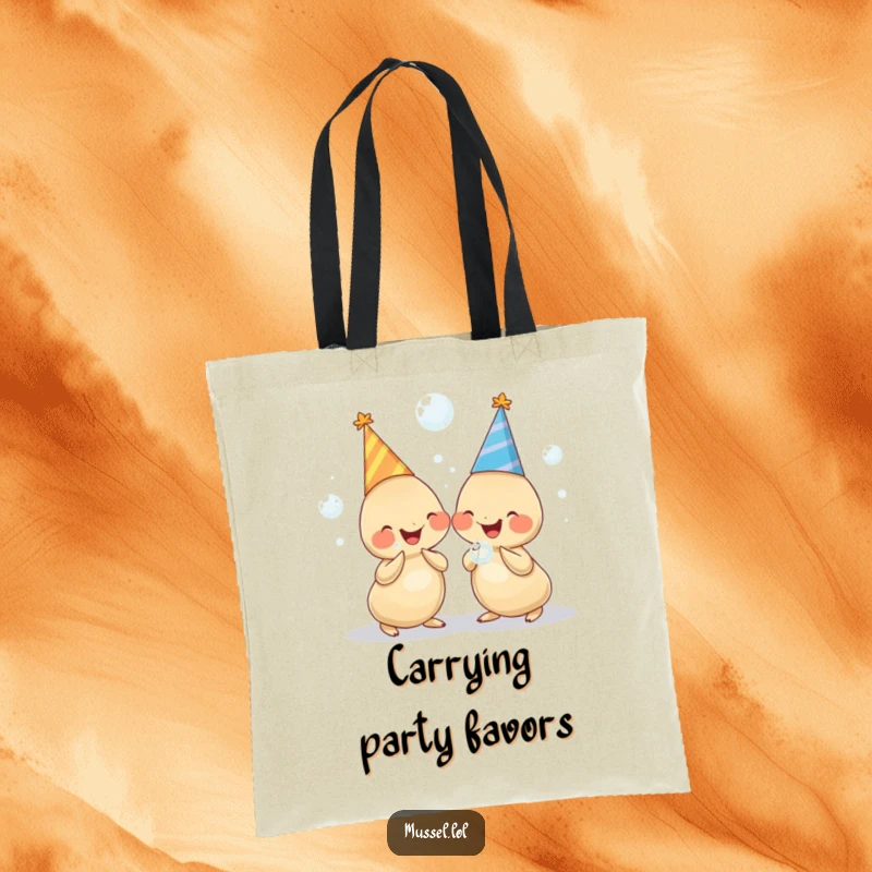 Funny tote bag with two chubby mussels in party hats, holding bubbles and giggling, ready for any occasion.