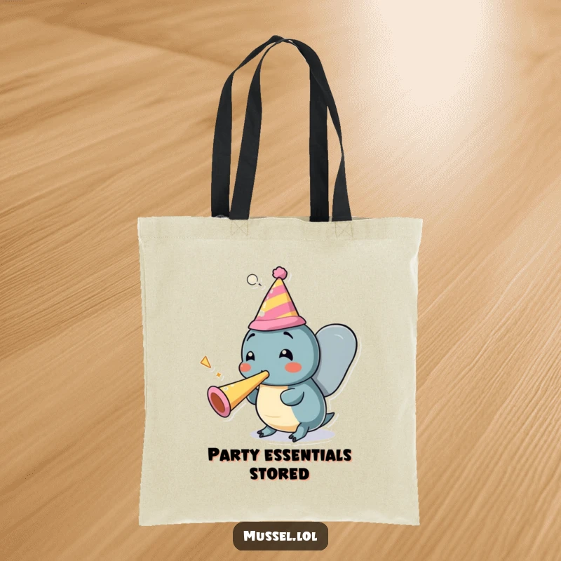 Funny Mussel Party Tote Bag: A cheerful mussel character in a party hat blows a celebratory party horn, a fun accessory.