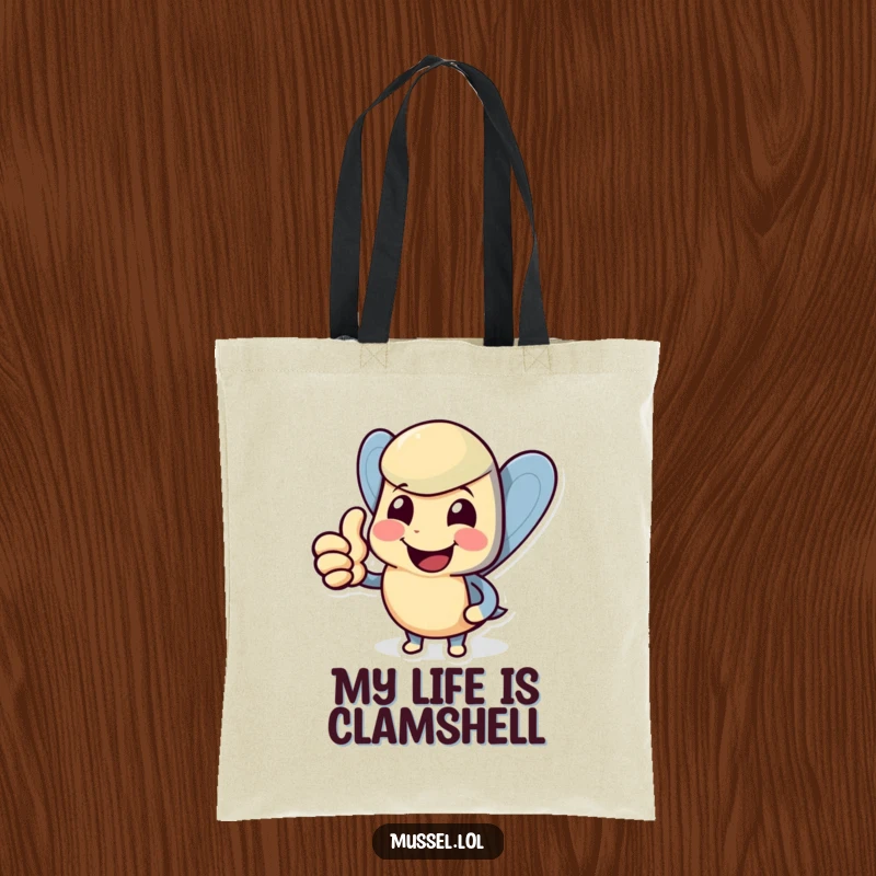 Funny mussel tote bag featuring a smiling character giving a happy thumbs up, ideal for shopping and humor.