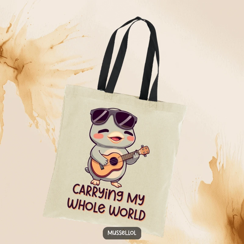 Funny Mussel Tote Bag: A cool mussel character wearing sunglasses plays a tiny ukulele, perfect for carrying humor and essentials.