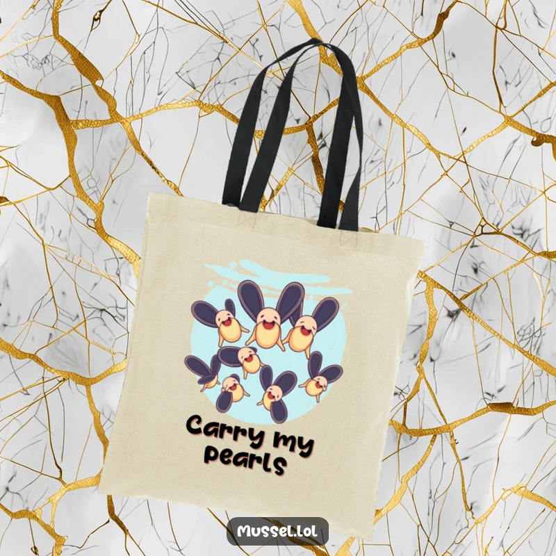 Funny tote bag illustrating mussels performing a synchronized swimming routine underwater, perfect for beach trips.