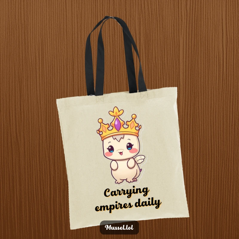 Funny Mussel Tote Bag with a crowned character, perfect for carrying essentials with a regal and humorous flair.