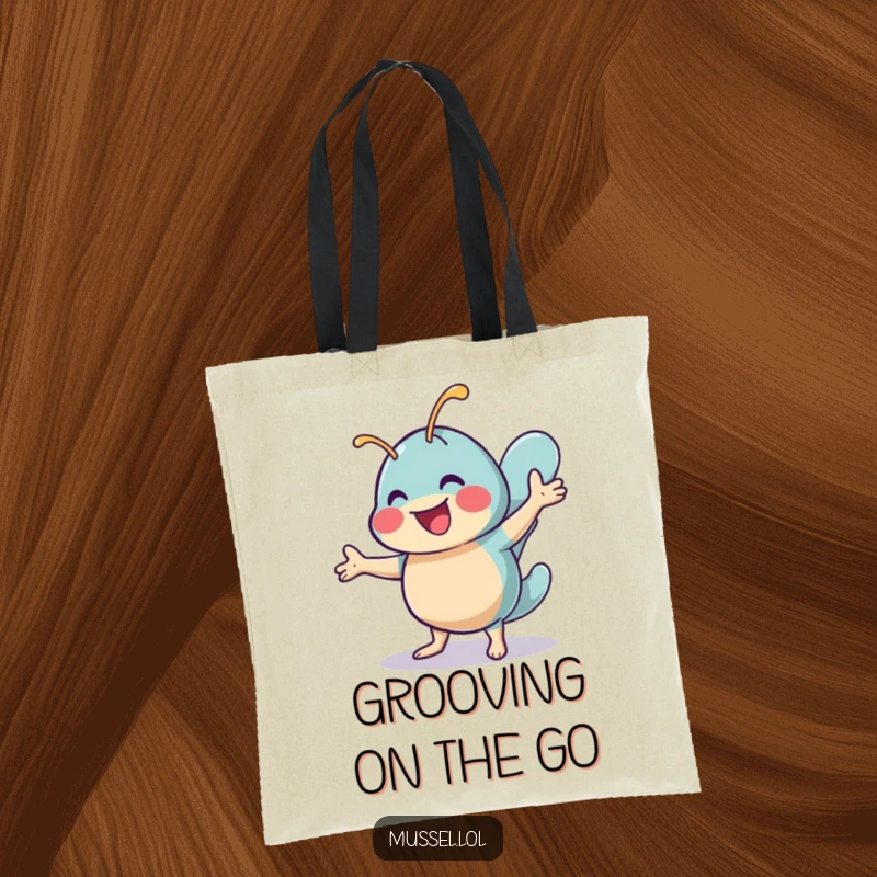 Funny tote bag with a cheerful mussel character doing a lively shimmy dance, perfect for carrying items with joyful energy.