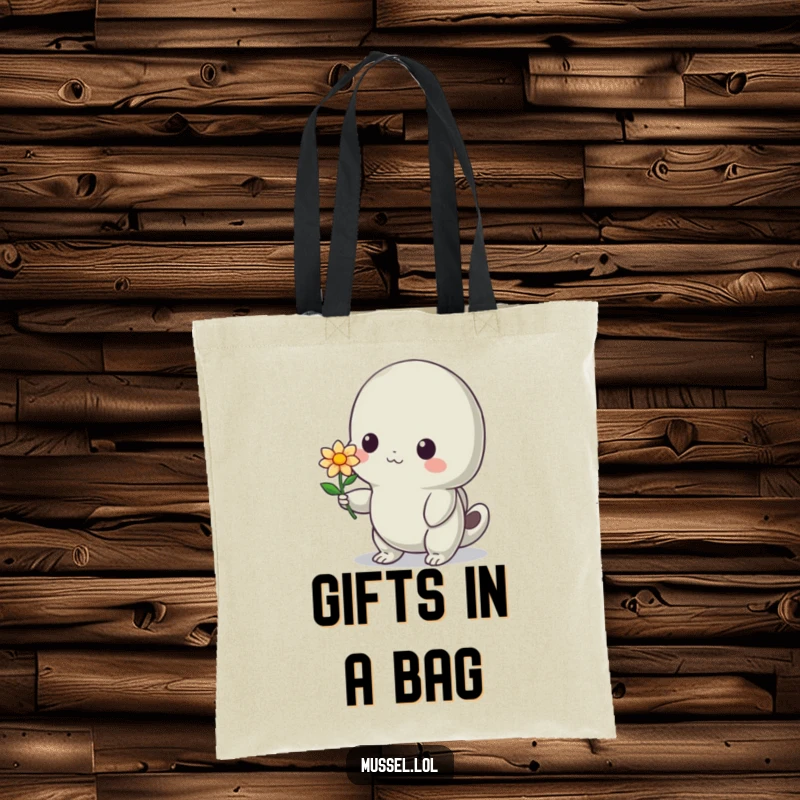 Funny Mussel Tote Bag: A shy mussel character offering a tiny flower with a bashful smile, perfect for carrying treasures with sweet humor.