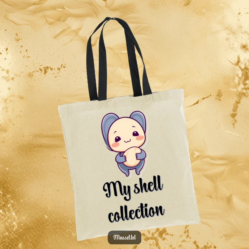 Funny mussel in a shy grin, holding a seashell, featured on a durable tote bag, perfect for carrying precious finds.
