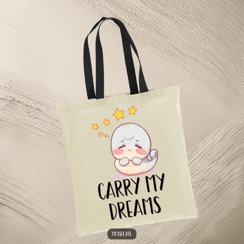 Funny mussel tote bag featuring a character dreaming with stars floating above its head, perfect for carrying dreams.