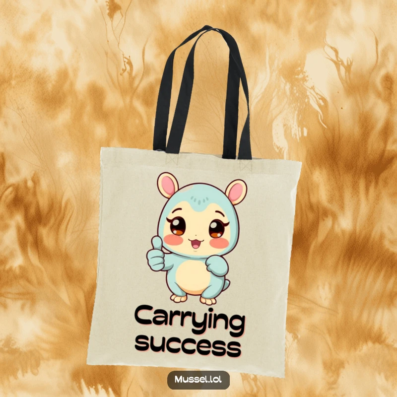 Funny Mussel Tote Bag depicting a rosy-cheeked mussel character giving a thumbs up, perfect for carrying items with positivity, a great funny gift.