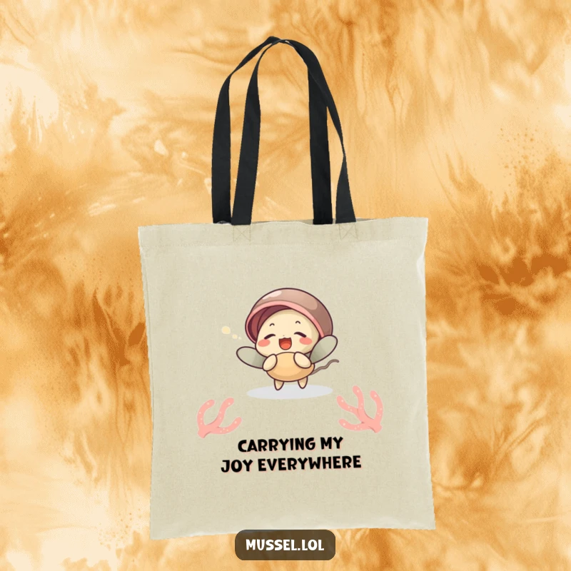 Funny tote bag featuring a mussel character giggling while tickled by a sea anemone, perfect for beach trips and as a funny gift.