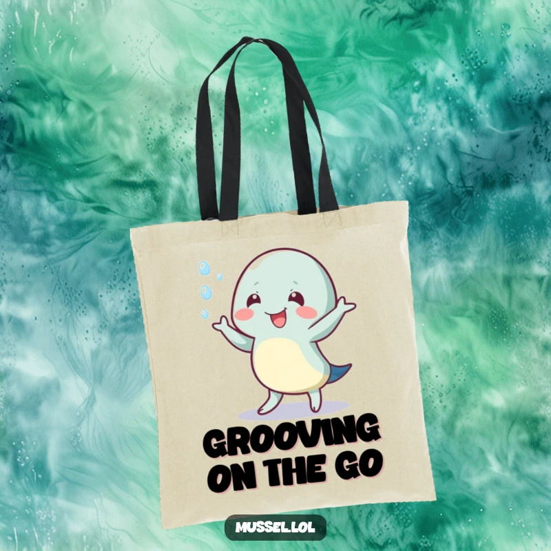 Funny tote bag with a mussel character doing a happy wiggle dance, surrounded by water droplets, great for errands.