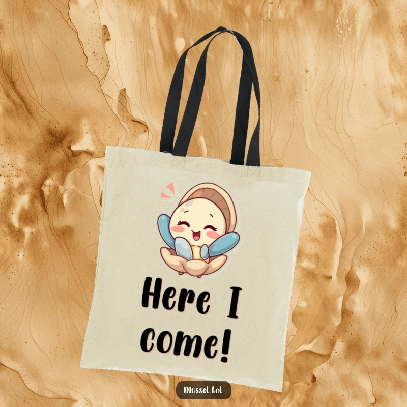 Funny tote bag with a mussel winking as it emerges from its shell with a flourish, adding charm to everyday carry.
