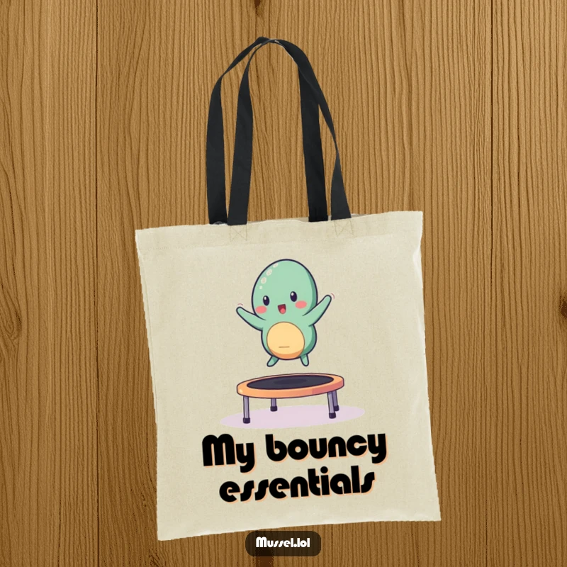 Funny mussel character bouncing on a small trampoline on a durable tote bag.