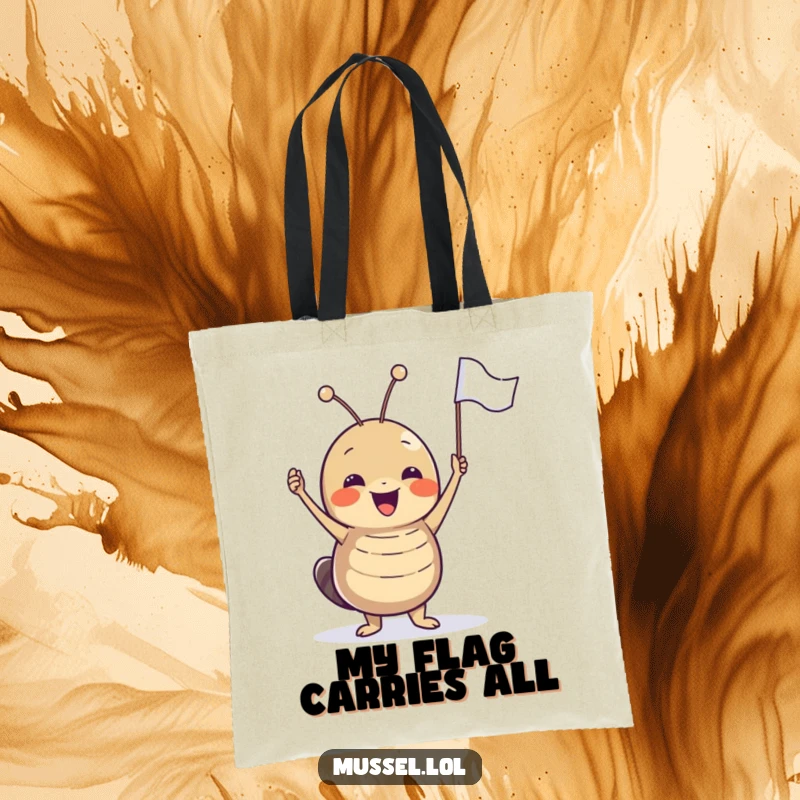 Funny joyful mussel character excitedly waving a tiny flag, a durable and humorous tote bag.