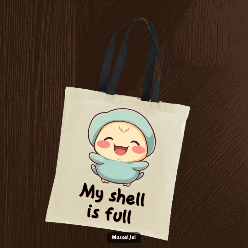 Funny mussel character laughing heartily on a durable tote bag, spreading cheer.