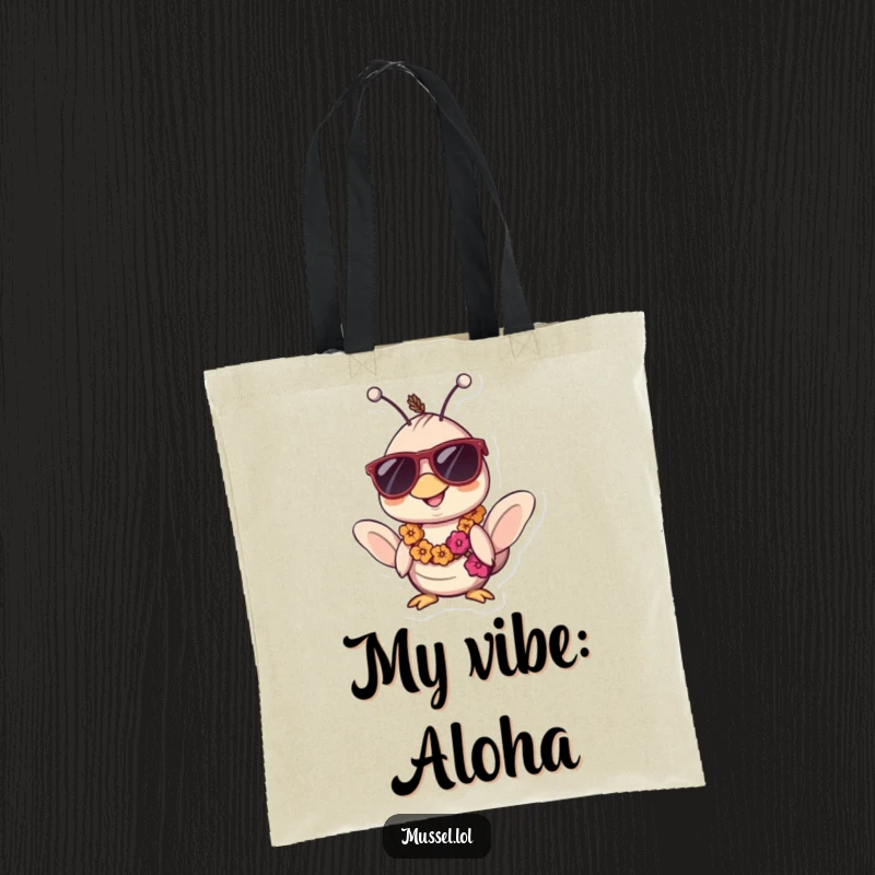 Funny Kawaii Mussel Tote Bag: A humorous bag featuring a mussel sporting sunglasses and a lei, perfect for carrying beach essentials and good vibes.