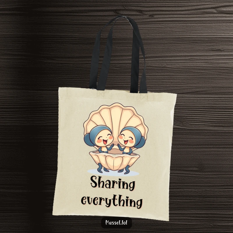Funny Tote Bag: Two happy mussel characters giggling in a giant clam shell, perfect for friends who love cute and funny designs.