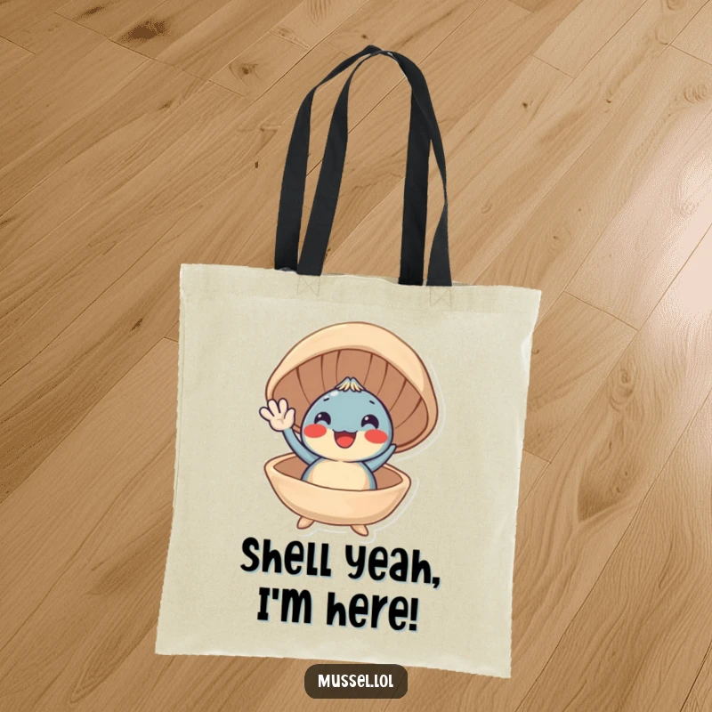 Funny tote bag with a smiling mussel character waving excitedly from its open shell, perfect for seaside trips.