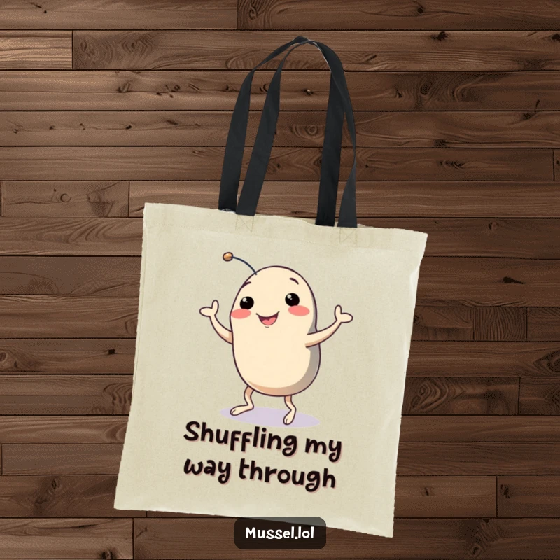 Funny Mussel Tote Bag: A smiling mussel with legs in a fun dance shuffle, making this tote a hilarious and functional accessory.