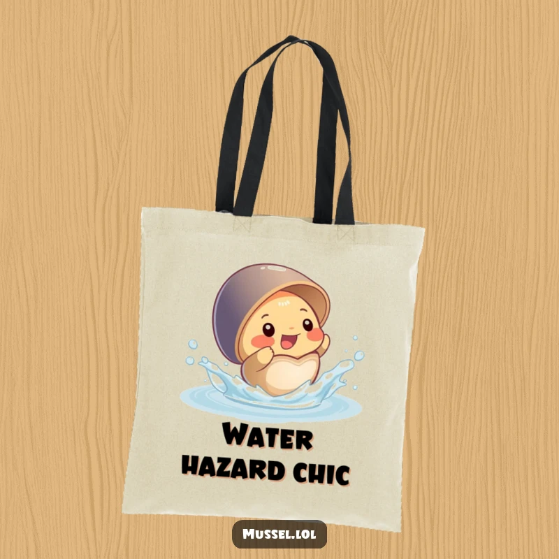 Funny tote bag depicting a happy mussel character splashing water from its open shell, a cheerful and practical accessory.